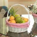 White Round Willow Gift Basket with Pink Gingham Liner & Handle, Mediun Empty Christmas Basket for Gifts, Holiday Wicker Basket, Basket to Fill