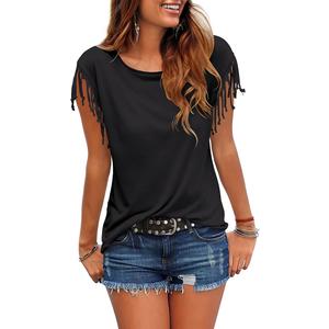 Cosonsen Women's Tassel Short Sleeve Round Neck T-Shirt Top Casual Summer Tee, M