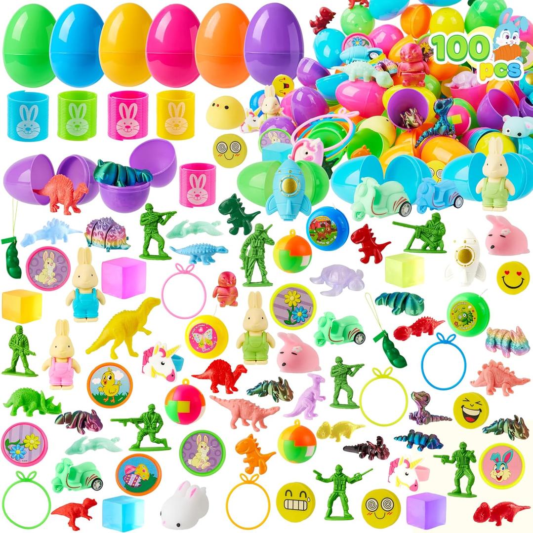 JOYIN 100Pcs Prefilled Easter Eggs with Assorted Toys, Easter Basket Essentials, Easter Basket Stuffers for Kids, Easter Egg Hunt, Classroom Prize Supplies