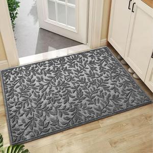 Bulijojo Sturdy Front Entrance Doormats,Durable Heavy Duty Welcome Mat,Thick Absorbent Natural Rubber Non Slip Mat,Easy Clean Entryway Mat Leaves Grey, 47" x 32"