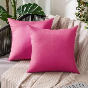 MIULEE Pack of 2 Decorative Outdoor Solid Waterproof Throw Pillow Covers Faux Linen Garden Farmhouse Cushion Cases for Patio Tent Balcony Couch Sofa 16x16 Inch Hot Pink