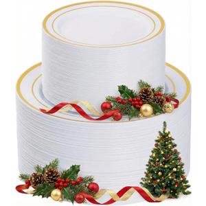 Goodluck 200PCS Gold Plastic Plates, Heavy Duty Disposable Gold Plates with 100 10.25 inch Dinner Plates and 100 7.5 inch Dessert Plates for Party, Holiday, Wedding, Thanksgiving
