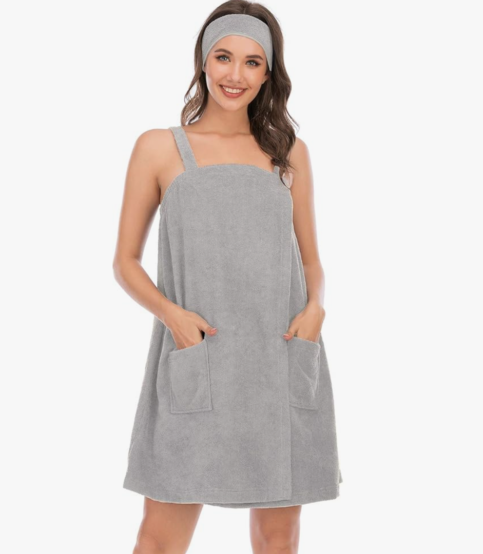 Veseacky Women Bath Wrap Towel for Shower with Pocket Adjustable Robe & Facial Headband ( Grey, XL)