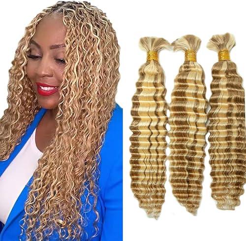 P27/613 Highlight Blonde Human Braiding Hair for Boho Braids 14 14 14 Inch Vingin Honey Blonde Deep Curly Bulk Hair Human Hair Extensions for Braids 150g 3 Bundles