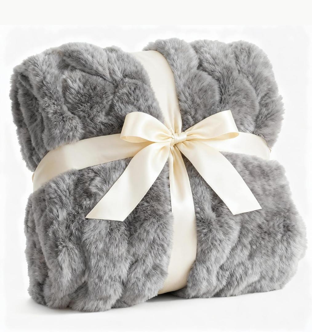 Fluffy Throw Bubble Blanket Queen Size - Faux Fur Throw for Couch or Bed - Plush Soft Extra Thick Faux Fur Rabbit Blanket - Comfy, Warm & Breathable - Luxury Minky Tie Dye Bedding - 90" x 90", Grey