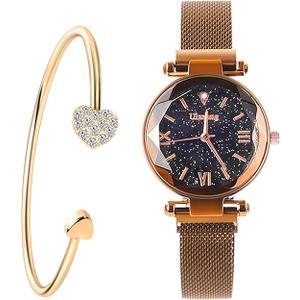 Luxury Quartz Starry Sky Dial Ladies Wrist Watches,Magnetic Mesh Band Watch and Bracelet Set