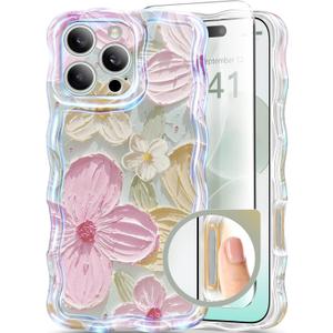 GVIEWIN for iPhone 16 Pro Max Case with Camera Control Capture Button, [Compatible with Magsafe][Screen & Full Camera Protection] Colorful Oil Painted Flower Wave Edge Phone Case (Sunny Flower/Pink)
