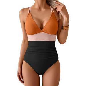Aidonger Women's One Piece Color Block Swimsuit Tummy Control Slimming Bathing Suit V Neck Cutout High Waisted Swimwear M