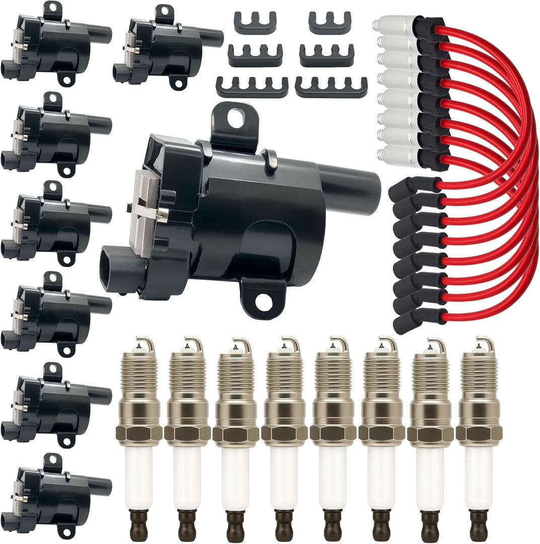 8PSC UF262 Round Ignition Coils Pack & Double Iridium Spark Plugs & Spark Plug Wires for Chevy Avalanche Express Tahoe Silverado Suburban 1500 HD GMC Savana Sierra Yukon HUMMER H2 V8 4.8L 5.3L 6L D585