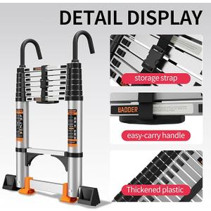 JIASHCHE Telescoping Ladder,Aluminum with with Stable Hook and stabilizer barand,Lightweight Multi-Purpose Extension Ladder,Heavy Duty 330lbs Max Capacity,Collapsible Ladder for RV or Outdoor (12.5FT)