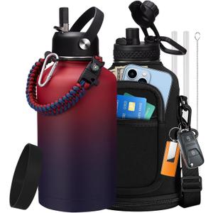 Vickniy 64OZ Stainless Steel Water Bottles - Half Gallon Water Bottle with Straw Lids, Reusable Vacuum Insulated Water Jug w/Carrier Bag, Leak Proof Metal Waterbottle for Sports Gym Workout Travel Hiking (Ruby Purple)