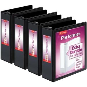 Cardinal Performer 3-Ring Binders, 3", Non-Locking Slant-D Rings, 725-Sheet Capacity, ClearVue Presentation, Non-Stick, PVC-Free, Black, 4-Pack (27601)
