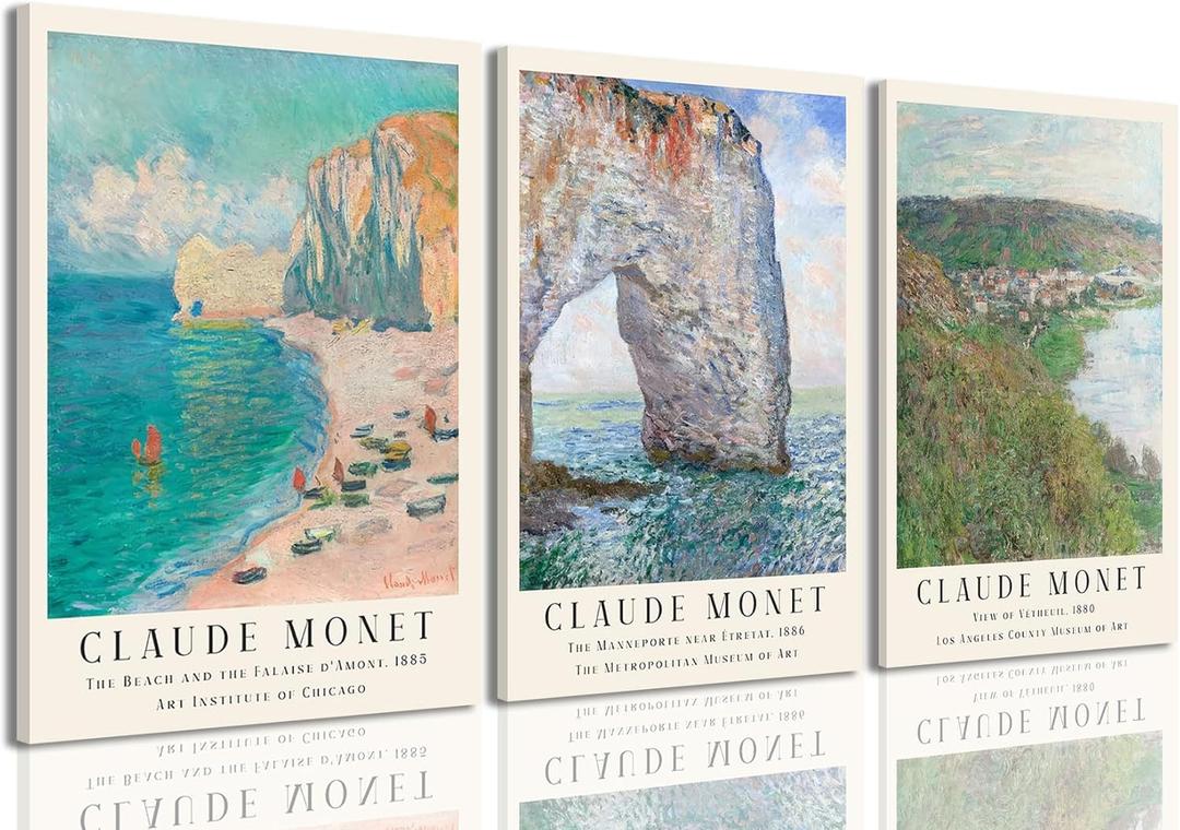 IBHJSART Framed Monet Wall Art,Claude Monet Coastal Beach Prints Wall Art,Set of 3 Vintage Famous Oil Painting Artwork Pictures Lmpressionism Nature Landscape Farmhouse Decor Livingroom Bedroom Office (12"x16")