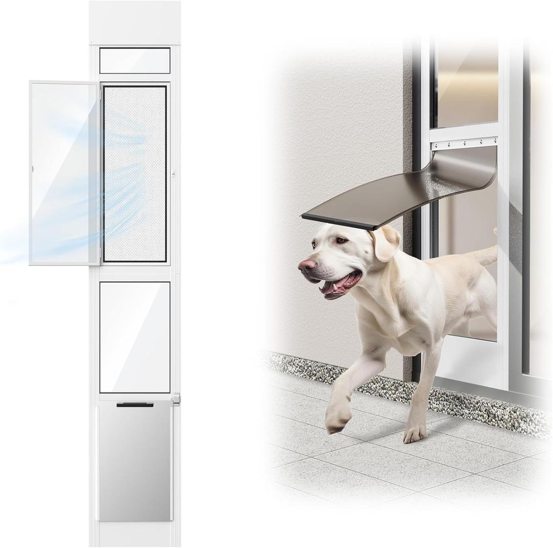 Dog Door for Sliding Glass Door, Adjustable Height 75 3/5" to 80" Sliding Door Pet Door Insert with Screen Design, Suitable for Large Dogs Up to 40 lbs, White-Medium
