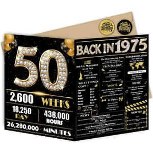 2 x Jumbo 50th Birthday Card for Women Men, Happy 50th Birthday Party Decorations for Her Him, Black Gold 50 Year Old Birthday Card, Double-Sided with Two Stickers