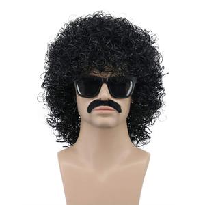 VGbeaty Adult Men Short Curly Black Rocker Wig Mustache Wig California Halloween Cosplay Anime Costume Wig (Black)
