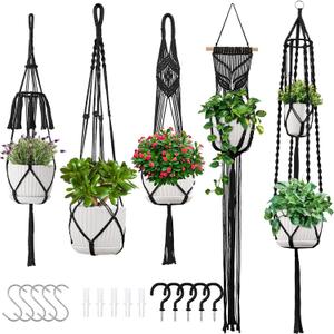 Macrame Plant Hangers, 5Pack Hanging Planters w/Gift Box for Indoor Plants w/ 5 Set Hooks Handmade Cotton Rope Hanging Plant Holders Plant Hanger Indoor for Boho Home Decor (Planter Pot Not Included) (Black)
