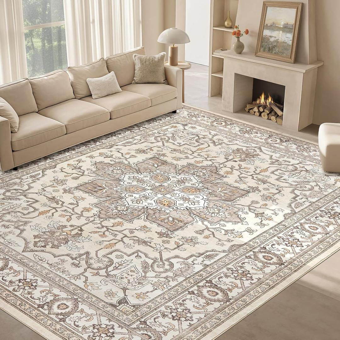 ESEOE Washable 8x10 Area Rugs: Soft Large Vintage Low Pile Carpet Neutral Farmhouse Non-Slip Stain Resistant Indoor Rug for Living Room Bedroom Dining Room Dorm Office Home Decor(Beige Brown,8'x10')