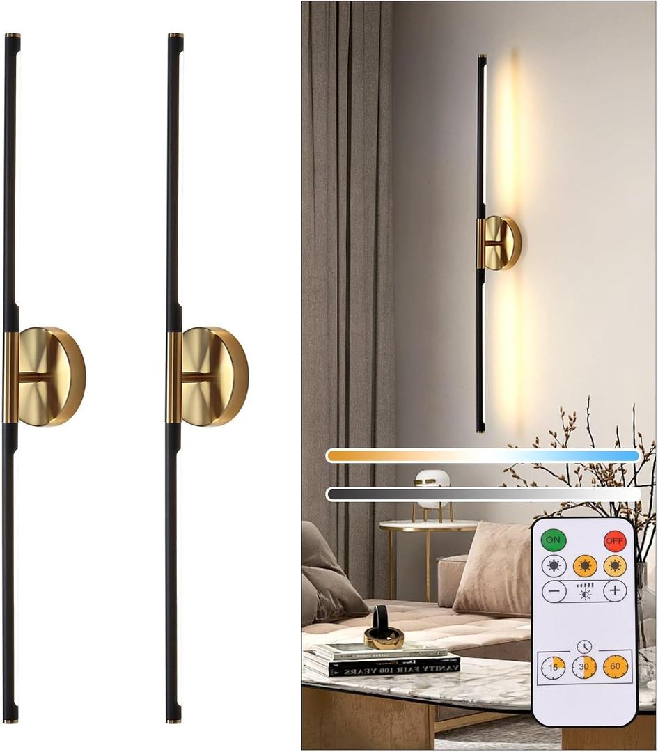 31.5 Inch Battery Operated Wall Sconces of Two, Modern Wireless Rechargeable Wall Lights with Remote Control, 3000K-6000K Dimmable, 350 Rotatable for Living Room, Bedroom, Hallway Decor