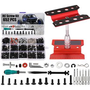 RC Car Stand and 652 PCS RC Screw Kit RC Car Work Stand Repair Workstation RC Hardware Kit Universal RC Car Screw Tools Assortment Kit and Portable RC Repair Stand for 1/8 1/10 1/12 1/16 Scale RC Car