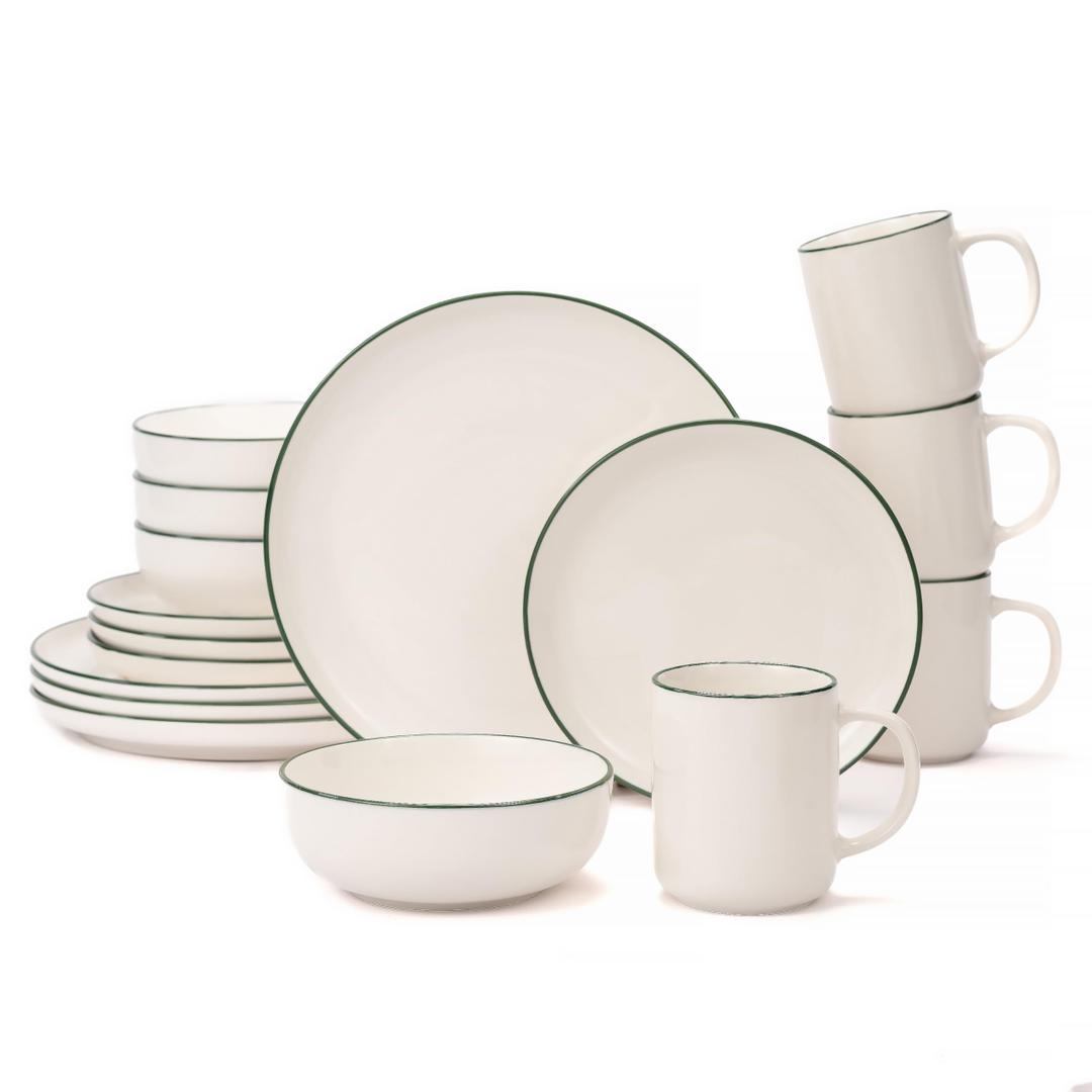 OTAGO 24-Piece Porcelain Dinnerware Set for 6 with Mugs, White Stoneware Plates and Bowls Sets, Ceramic Dish Set for Kitchen, Dinner & Dining, Blue Rim, Microwave & Dishwasher Safe