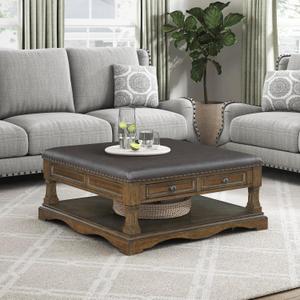 Lexicon 39" Square Storage Ottoman Coffee Table, Faux Leather, Brown
Cocktail Ottoman with 4 Drawers, Lower Open Shelf, Casters, Nailhead Trim, Footrest for Living Room, Easy Assembly