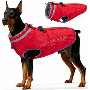 Dog Coat, Warm Dog Winter Coat for Large Dogs, Waterproof Jacket with Harness Built in, Reflective Turtleneck Cold Weather Coats with Zipper,Pet Fleece Vest Snow Jacket, Red XXL