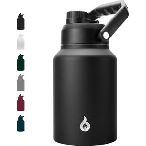 64 oz Insulated Water Bottle, Dishwasher Safe Half Gallon Water Bottle with Ergonomic Handle, BPA Free Leak Proof Water Jug for Sports, Metal Jug with Anti-slip Bottom, Black