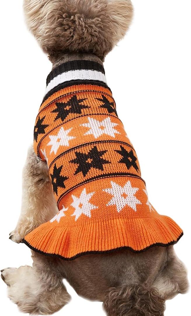 Jecikelon Pet Dog Sweaters for Small Dogs Dress with Snow Knitwear Turtleneck Pullover Dog Clothes Warm Winter Puppy Sweater Long Dresses (Orange, Large)
