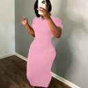 Women's Bodycon Maxi Dress Summer Puff Sleeve Casual Elegant Party Club Night Out Dress (Pink, XL)
