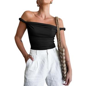 Tankaneo Women's Off The Shoulder Top Sleeveless Slim Fit Stretchy Tank Top Y2k Casual T Shirts (X-Large, Black)