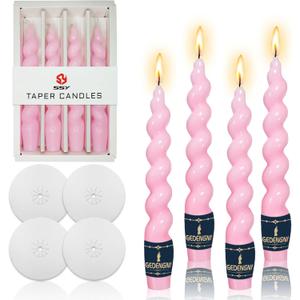 Spiral Taper Candle Dinner Candlesticks - Set of 4 Pink Candle Stick with Candles Drip Protectors Short Tapered Candles for Home Dcor Weddings Festive Women Gifts (2D4PT-PINK) (7INCH)