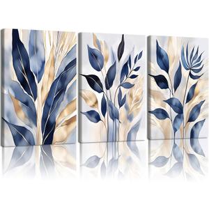 EHNTNNMA 3 Pcs Blue Botanical Canvas Wall Art Modern Natural Abstract Leaf Prints Boho Blue and Gold Plant Minimalist Rustic Leaf Wall Paintings for Living Room, Office, and Bedroom 16x24 Inches Framed