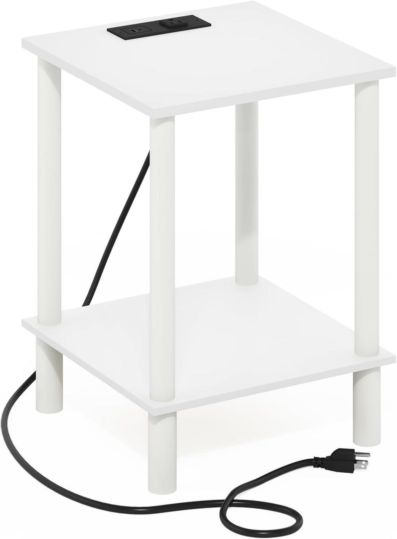 Furinno Turn-N-Tube 2-Tier Side Table, End Table with USB and Type-C Charging Port, White/White