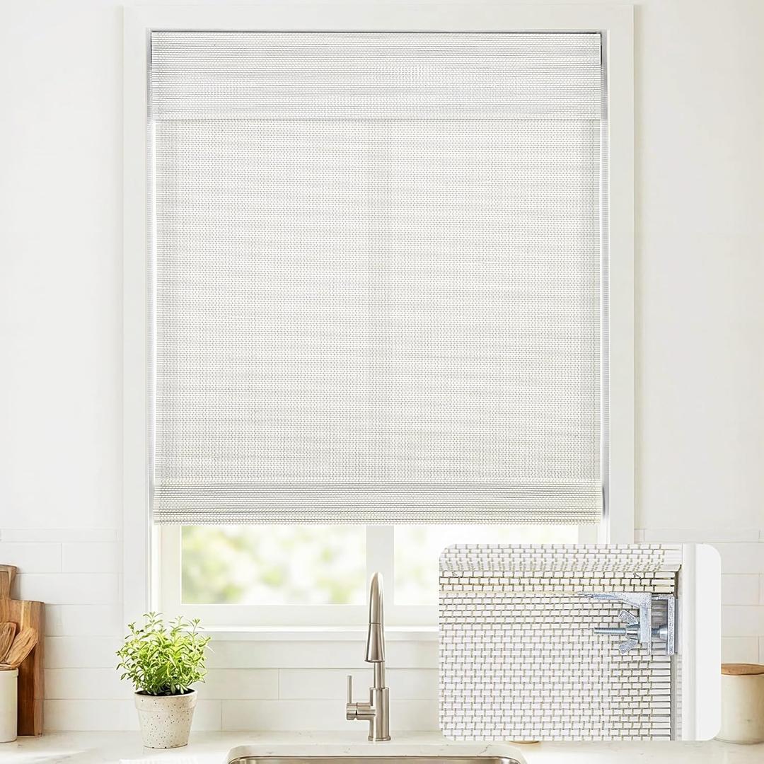 No Drill Cordless Bamboo Roman Shades, Light Filtering Woven Natural Bamboo Window Covering, Easy Install Roman Style Shade, for Window Size 34" W  64" H - Off White