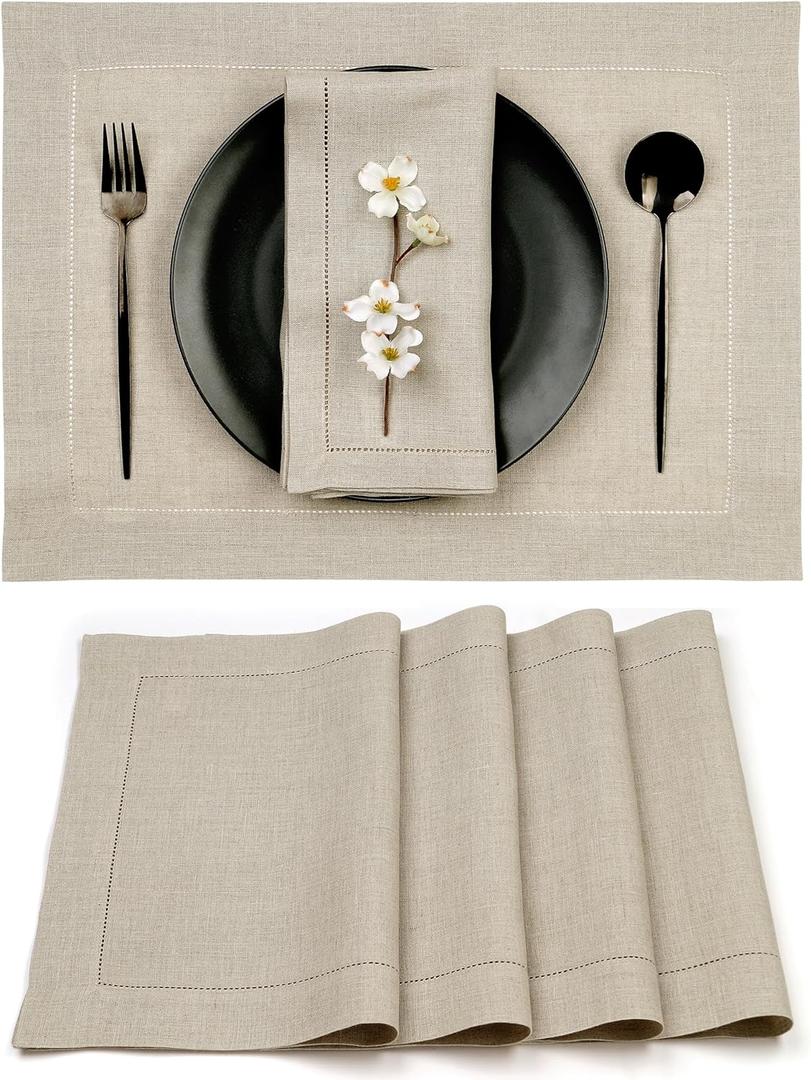 D'Moksha Homes Linen Placemats Set of 4-100% Pure Linen Natural Placemats 14 x 19 Inch - Classic Hemstitch, Washable Natural Placemats for Christmas Decor, Holiday (Set of 4 (14 X 19 Inch), 01 - Natural)