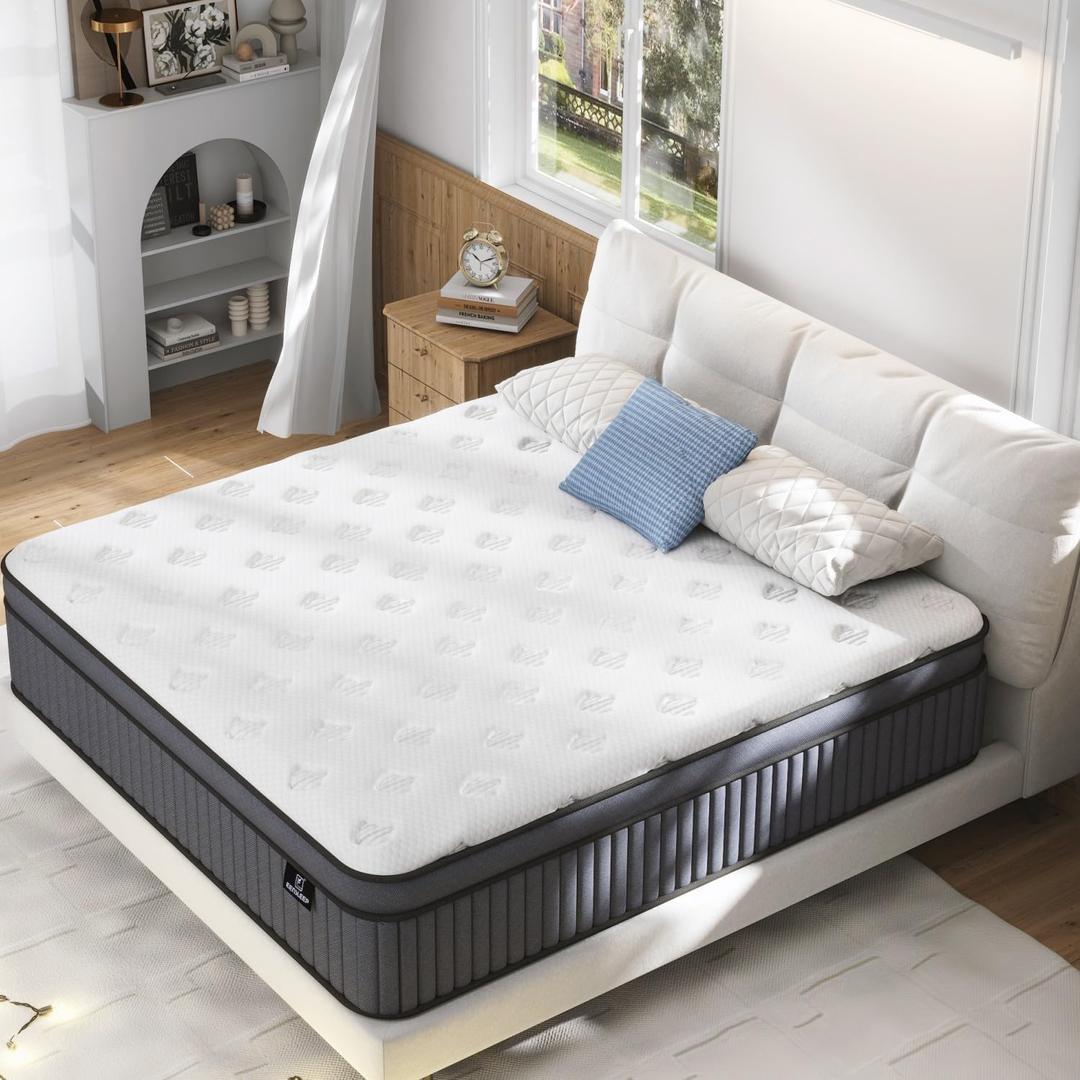EEN EEN SLEEP 12 Inch Medium Firm California King Size Mattress [Upgraded] Cal King Hybrid Mattresses in A Box with Gel Memory Foam & Pocket Springs, Strong Edge Support, Pressure Relief, CertiPUR-US