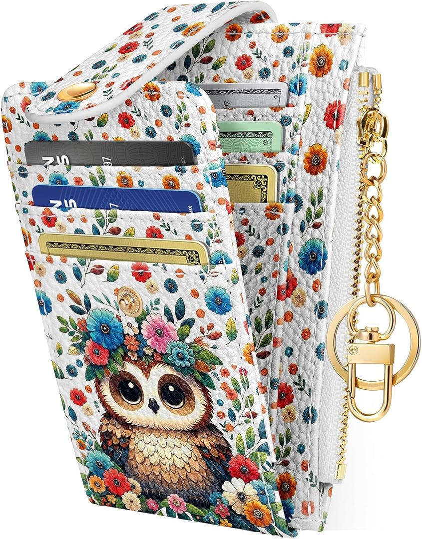 Miss Adola Cute Card Wallet Women - Small Wallets with Keychain Flower Owl RFID Credit Cardholder Aesthetic Fashion Design Coin Purse for Female Ladies Teen Girls