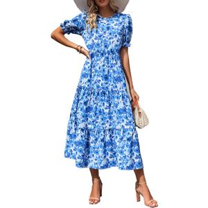 PRETTYGARDEN Women's Summer Casual Floral Boho Dress Puff Short Sleeve Ruffle Flowy Beach Party Midi Dresses (Large)
