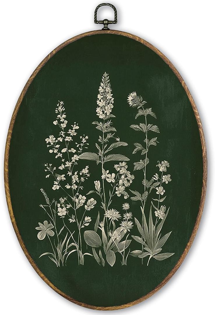 TLESKE Vintage Dark Green Botanical Floral Oval Wall Art Decor Framed 9x12, Flowers Canvas Wall Art Prints Artwork, Cottage Core Cottagecore Hanging Wall Picture Room Decor for Bedroom Living Room, 11.3"L x 8.7"W