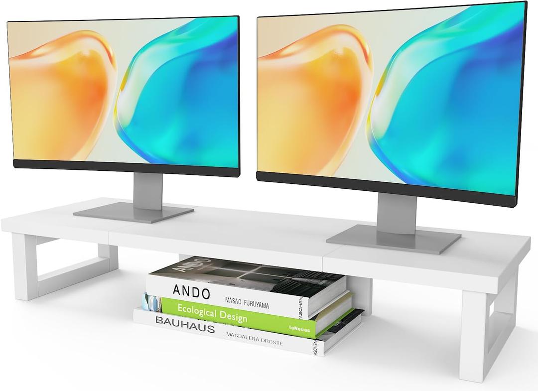 WESTREE Dual Monitor Stand Riser, Wood and Steel Monitor Stand Riser, Computer Monitor Stand for 2 Monitors, Multi-Purpose Desktop Storage Stand for Computer,Laptop,Printer,TV (Large, White)