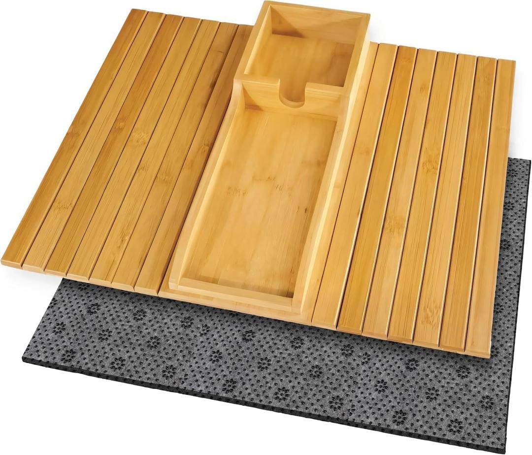 3 in 1 Bamboo Sofa Armrest Tray - Foldable Couch Arm Table with Cup Holder, Secure Edge Design, Anti-Slip and Sturdy Sofa Tray for Drinks, Cellphone, Remote, Snacks - Easy to Clean and Durable