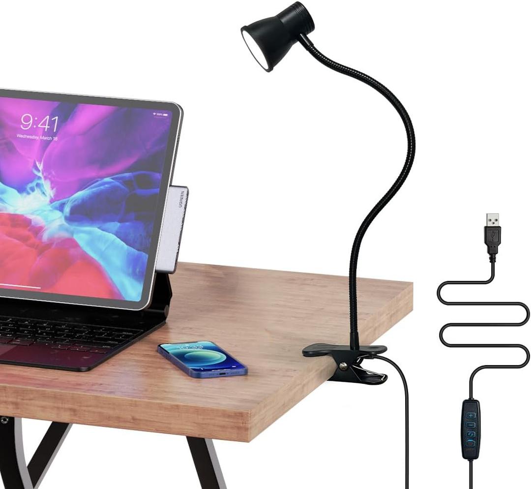 LUJOLUMIN Clip Desk Lamp, USB Reading Light, Flexible Neck Led Clamp Light with 3 Color Temperature Options, 10 Dimmable Brightness Levels for Working, Studying (8W)