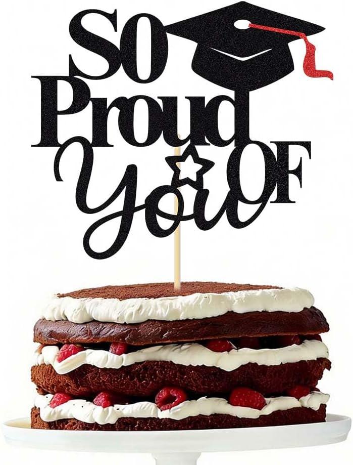 So Proud of You Cake Topper, 2026 Graduation Party Decoration Supplies, Black&Red Glitter Congrats Grad Party Decor