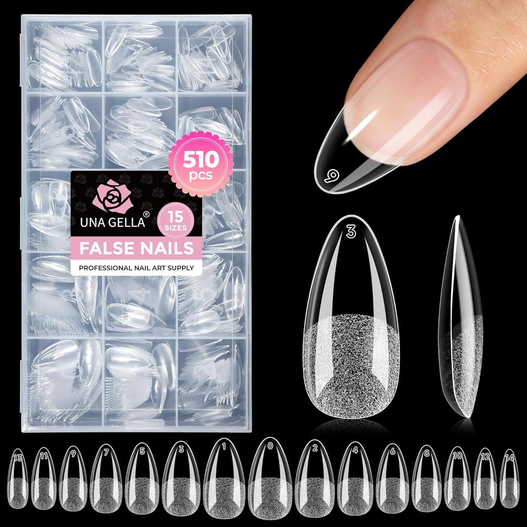 UNA GELLA Almond Nail Tips: 510Pcs Almond Gel Nails Tips 15 Sizes Pre-Etched Full Cover Almond Clear Press on Nails Acrylic False No C Curve Nail Tips for Press on Nail Extensions Home DIY Salon