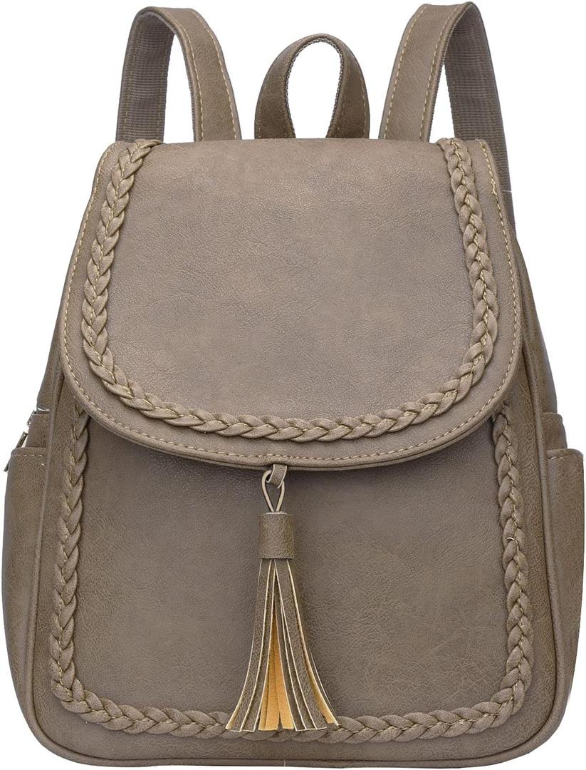 KKXIU Fashion Small Synthetic Leather Backpack Purse For Women and Ladies with Tassel (Khaki)
