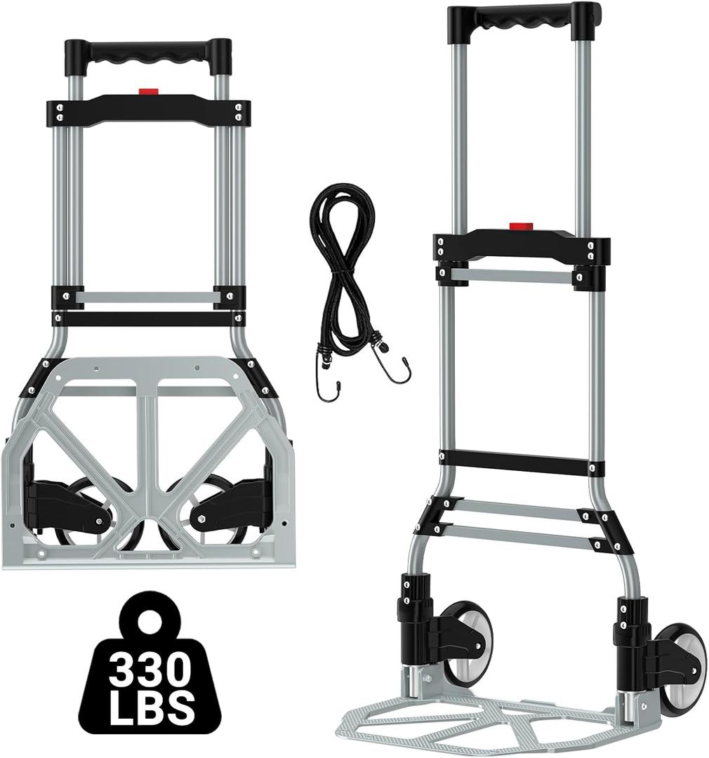 Foldable Hand Truck Dolly, 330 lbs Heavy Duty Capacity, Lightweight Aluminum Alloy Cart with Telescoping Handle, Adjustable Height, Easy Storage, for Moving, Shopping, Delivery, and Warehouse Use