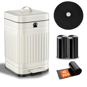 Dog Poop Trash Can Outside, 5L/1.3Gal Metal Dog Waste Trash Can with Lid, Foot Pedal, Pet Waste Container with 40 Bags, Poop Bucket with Lid Soft Close for Pet, White
