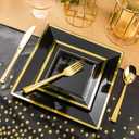 Goodluck 352 Pieces Black Dinnerware Set for 50 Guests, Black Square Plastic Plates with Gold Trim, Include: 100 Plastic Plates, 50 Rolled Napkins, 50 Cups, 50 Cutlery Set and 2 Tablecloth