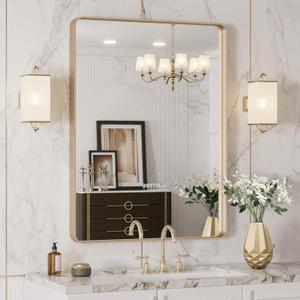 LOAAO 24X32 Gold Bathroom Mirror, Rounded Rectangle Gold Frame Mirror, Brushed Gold Bathroom Vanity Mirror Wall-Mounted, Anti-Rust, Hangs Horizontally or Vertically